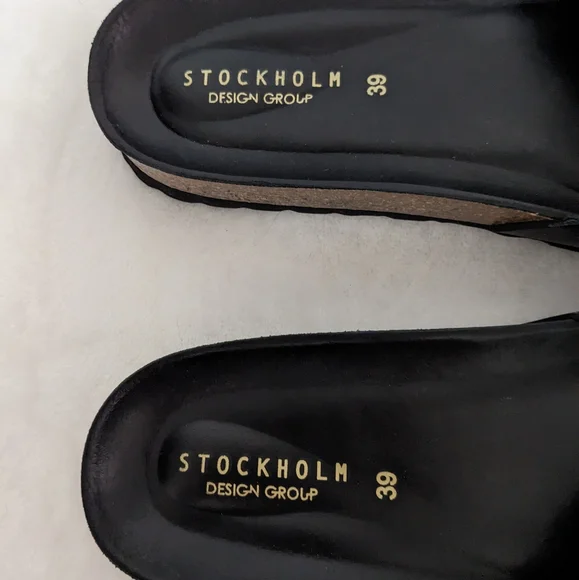 Stockholm Design Group Genuine Leather Black Big Buckle Cork Bed Sandals Size 39 - Picture 12 of 14